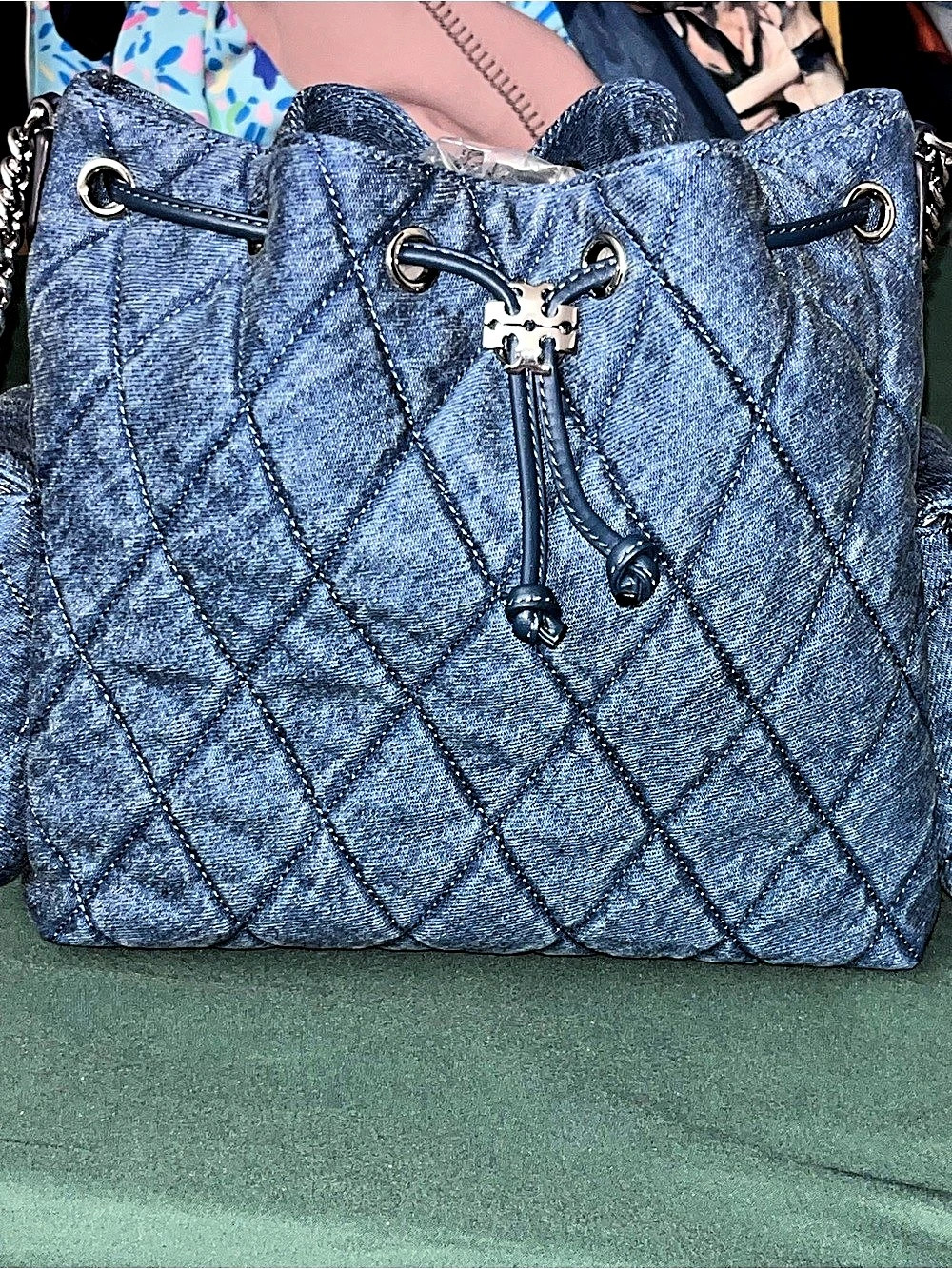 Tory Burch Charlie Quilted Denim Shoulder Bag in Blue NWT